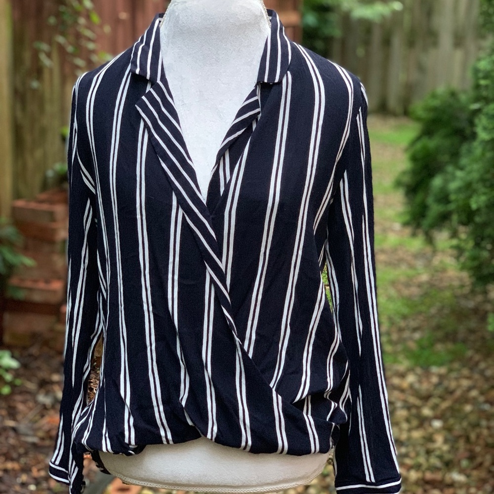 Zara Blue and White Wrap Blouse with Notched Collar